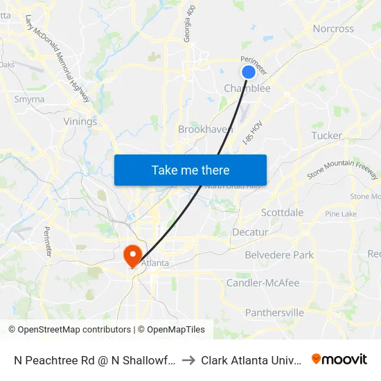 N Peachtree Rd @ N Shallowford Rd to Clark Atlanta University map