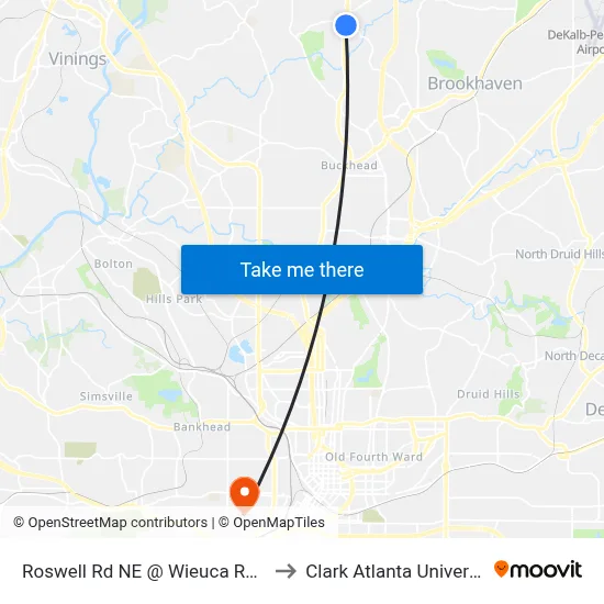 Roswell Rd NE @ Wieuca Rd NE to Clark Atlanta University map
