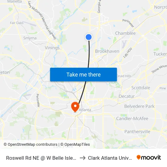 Roswell Rd NE @ W Belle Isle Rd NE to Clark Atlanta University map