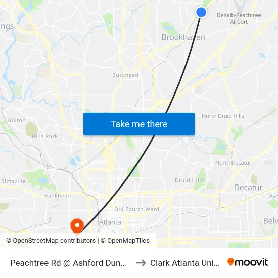 Peachtree Rd @ Ashford Dunwoody Rd to Clark Atlanta University map
