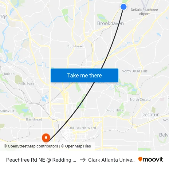 Peachtree Rd NE @ Redding Rd NE to Clark Atlanta University map