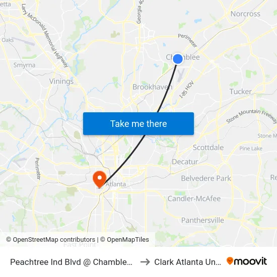 Peachtree Ind Blvd @ Chamblee Dunwoody to Clark Atlanta University map