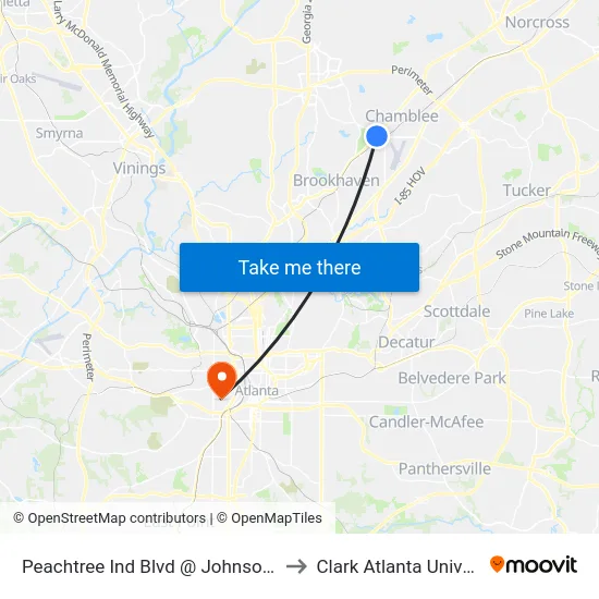 Peachtree Ind Blvd @ Johnson Ferry to Clark Atlanta University map