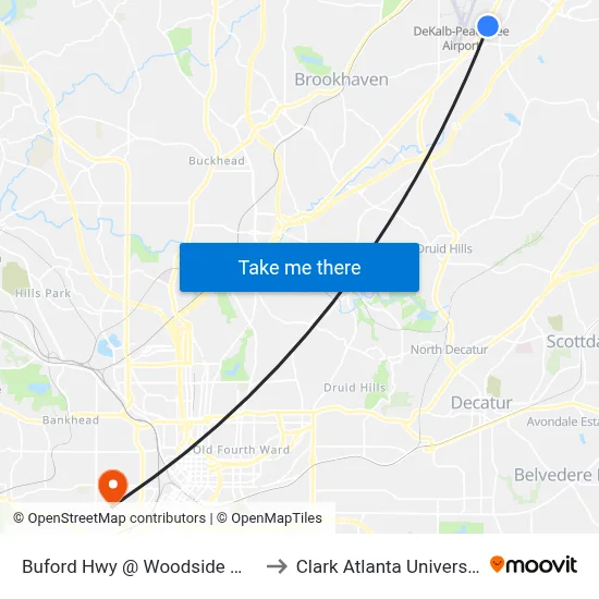 Buford Hwy @ Woodside Way to Clark Atlanta University map