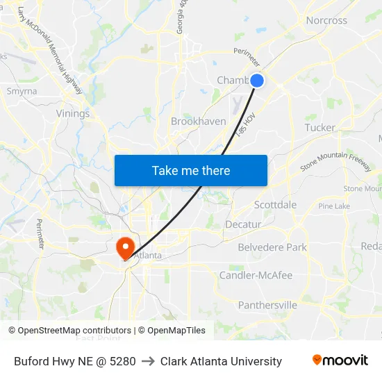 Buford Hwy NE @ 5280 to Clark Atlanta University map
