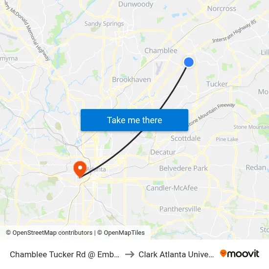 Chamblee Tucker Rd @ Embry Cir to Clark Atlanta University map