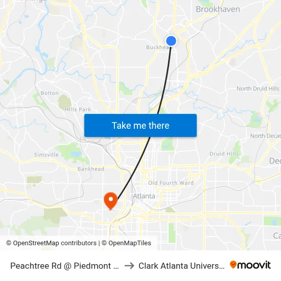 Peachtree Rd @ Piedmont Rd to Clark Atlanta University map