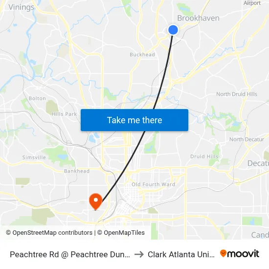 Peachtree Rd @ Peachtree Dunwoody Rd to Clark Atlanta University map