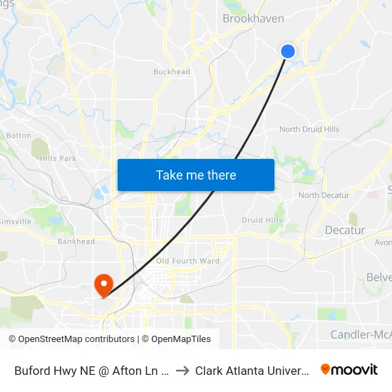 Buford Hwy NE @ Afton Ln NE to Clark Atlanta University map