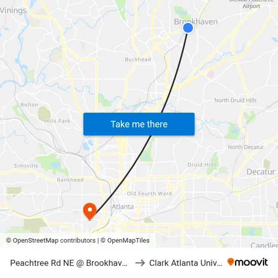 Peachtree Rd NE @ Brookhaven Dr NE to Clark Atlanta University map
