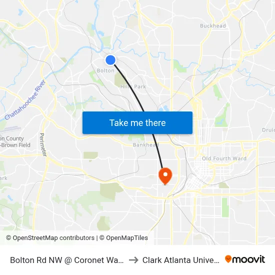 Bolton Rd NW @ Coronet Way NW to Clark Atlanta University map