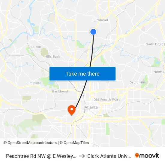 Peachtree Rd NW @ E Wesley Rd NE to Clark Atlanta University map