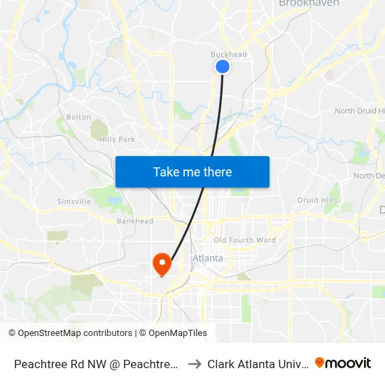 Peachtree Rd NW @ Peachtree Ave NE to Clark Atlanta University map