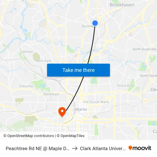 Peachtree Rd NE @ Maple Dr NE to Clark Atlanta University map