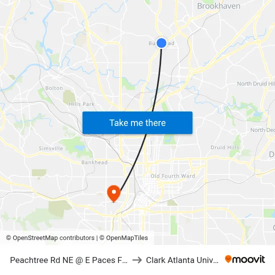 Peachtree Rd NE @ E Paces Ferry Rd to Clark Atlanta University map