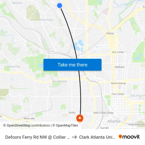 Defoors Ferry Rd NW @ Collier Hills Way to Clark Atlanta University map