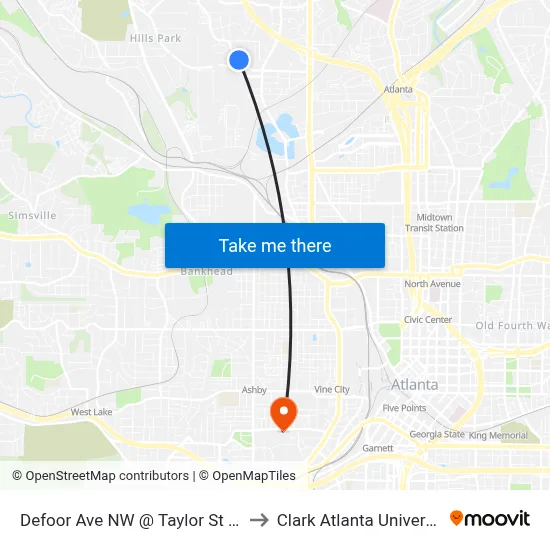 Defoor Ave NW @ Taylor St NW to Clark Atlanta University map