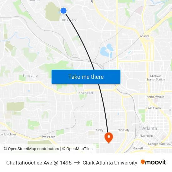 Chattahoochee Ave @ 1495 to Clark Atlanta University map