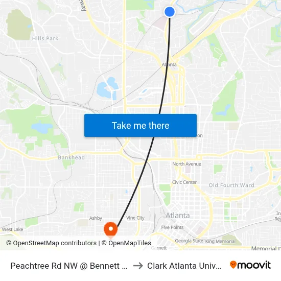 Peachtree Rd NW @ Bennett St NW to Clark Atlanta University map