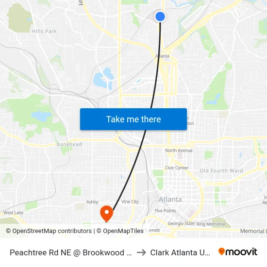 Peachtree Rd NE @ Brookwood Valley Cir NE to Clark Atlanta University map