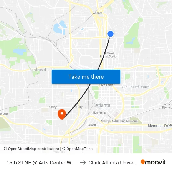 15th St NE @ Arts Center Way NE to Clark Atlanta University map