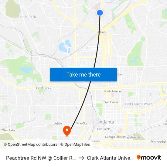 Peachtree Rd NW @ Collier Rd NW to Clark Atlanta University map