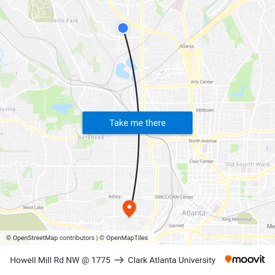 Howell Mill Rd NW @ 1775 to Clark Atlanta University map