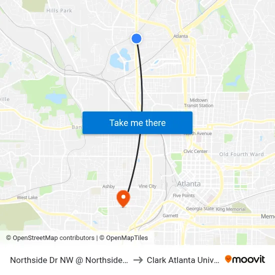Northside Dr NW @ Northside Cir NW to Clark Atlanta University map
