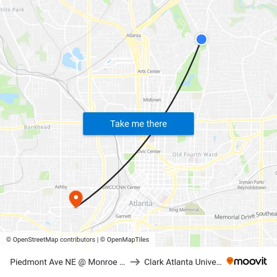Piedmont Ave NE @ Monroe Dr NE to Clark Atlanta University map