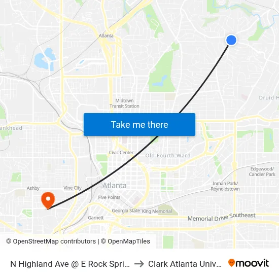 N Highland Ave @ E Rock Springs Rd to Clark Atlanta University map