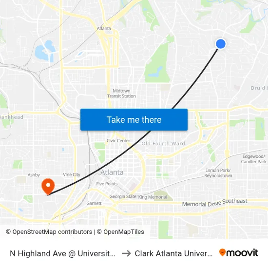 N Highland Ave @ University Dr to Clark Atlanta University map