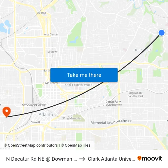 N Decatur Rd NE @ Dowman Dr NE to Clark Atlanta University map