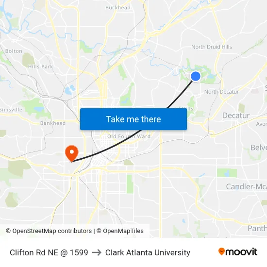 Clifton Rd NE @ 1599 to Clark Atlanta University map