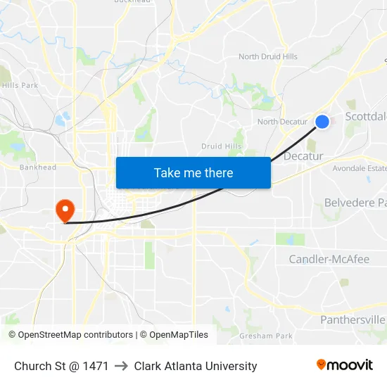 Church St @ 1471 to Clark Atlanta University map
