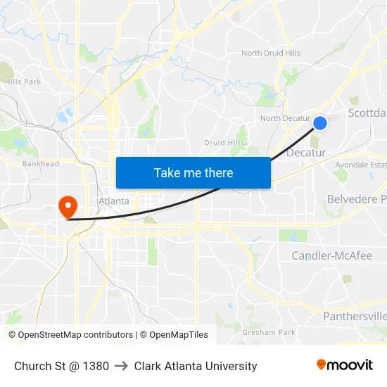 Church St @ 1380 to Clark Atlanta University map