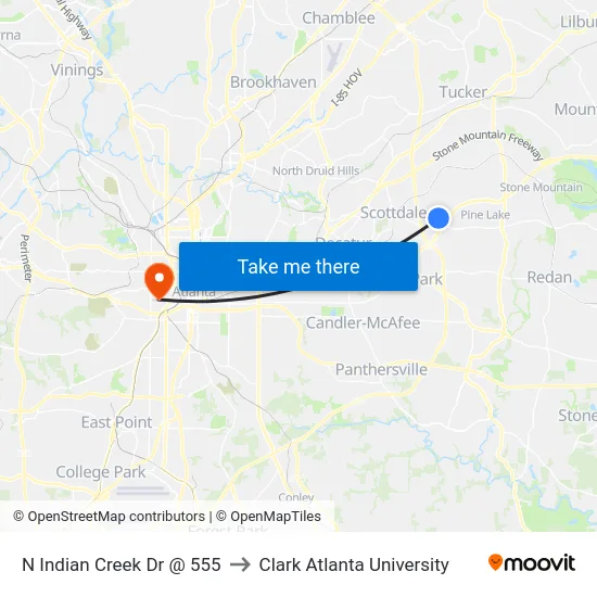 N Indian Creek Dr @ 555 to Clark Atlanta University map
