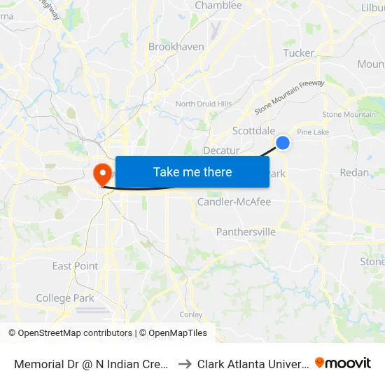 Memorial Dr @ N Indian Creek Dr to Clark Atlanta University map