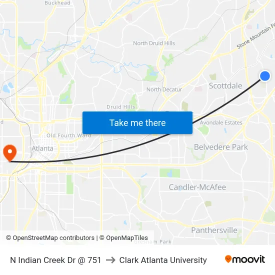 N Indian Creek Dr @ 751 to Clark Atlanta University map