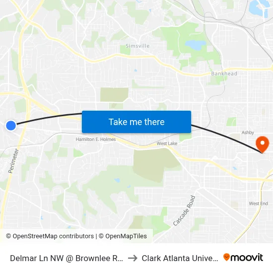 Delmar Ln NW @ Brownlee Rd NW to Clark Atlanta University map