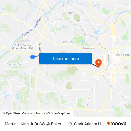 Martin L King Jr Dr SW @ Bakers Ferry Rd SW to Clark Atlanta University map