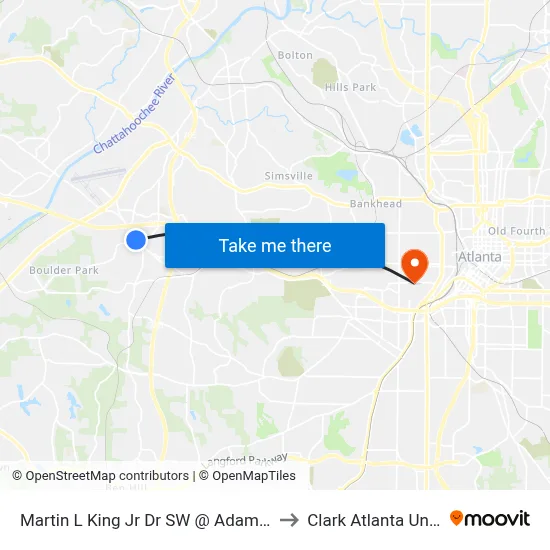 Martin L King Jr Dr SW @ Adamsville Dr SW to Clark Atlanta University map