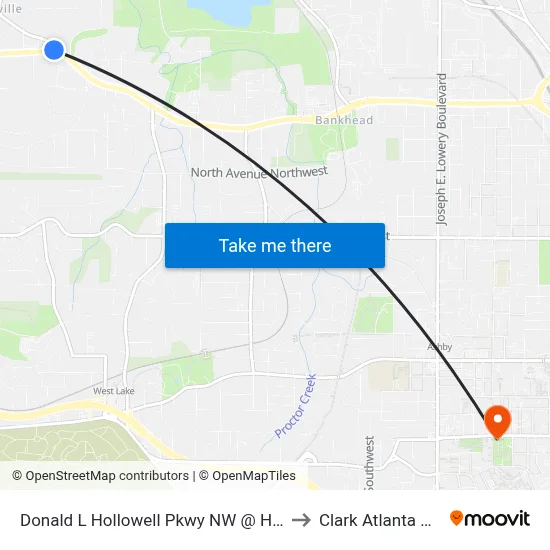 Donald L Hollowell Pkwy NW @ Hollywood Rd NW to Clark Atlanta University map