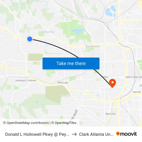 Donald L Hollowell Pkwy @ Peyton Ave NW to Clark Atlanta University map