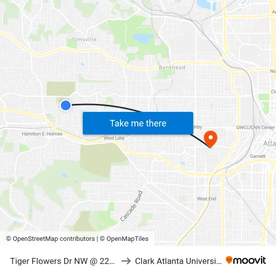 Tiger Flowers Dr NW @ 2269 to Clark Atlanta University map