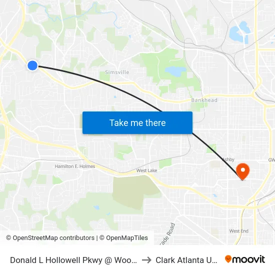Donald L Hollowell Pkwy @ Woodmere Dr NW to Clark Atlanta University map