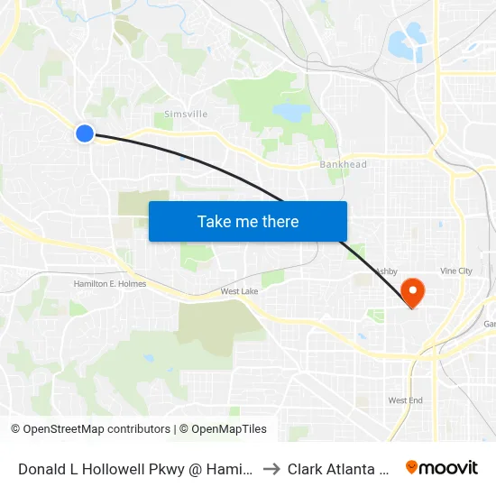 Donald L Hollowell Pkwy @ Hamilton E Holmes Dr to Clark Atlanta University map