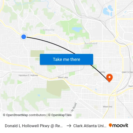 Donald L Hollowell Pkwy @ Regina Dr NW to Clark Atlanta University map