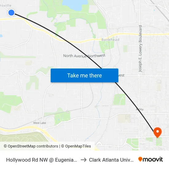 Hollywood Rd NW @ Eugenia Pl NW to Clark Atlanta University map