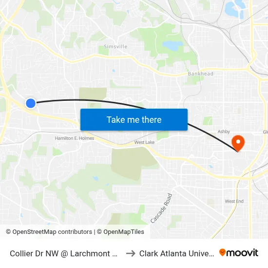 Collier Dr NW @ Larchmont Dr NW to Clark Atlanta University map