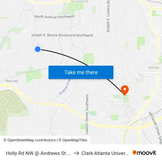 Holly Rd NW @ Andrews St NW to Clark Atlanta University map